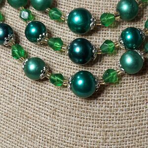 Green 3-strand Necklace with Goldtone Spacers Shortest Strand 14" Japan